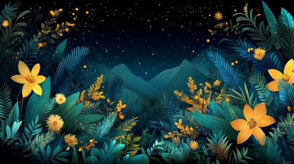 Fototapeta premium Nocturnal Bloom Yellow Flowers and Teal Foliage Against a Dark Mountain Range