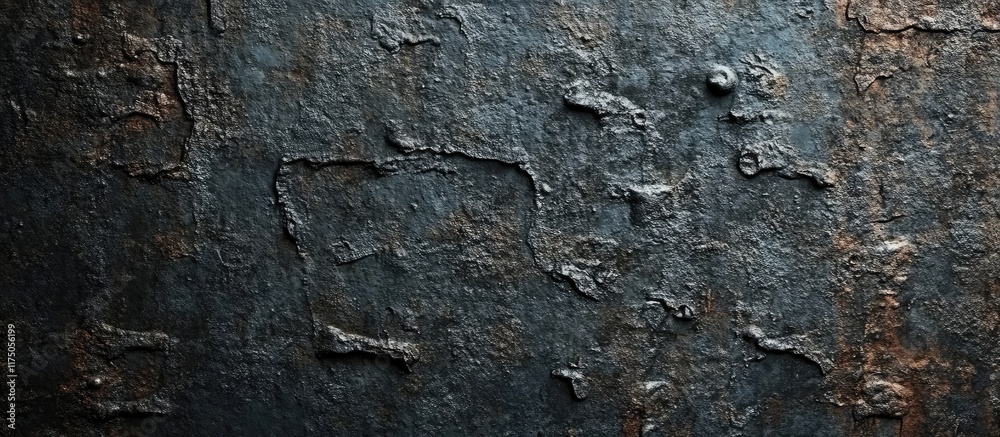 Poster abstract dark textured cement wall with metal elements showcasing unique patterns and ample empty sp