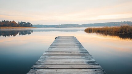 Fototapeta premium Tranquil Wooden Pier Extending into Still Lake