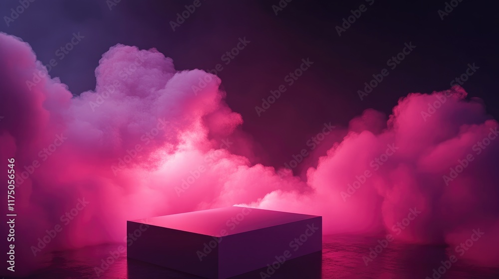 Poster abstract minimal scene with 3d rendered dark pink glowing clouds surrounding an empty stage cube for