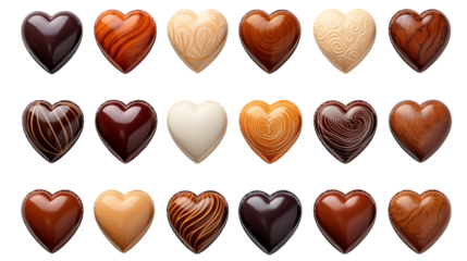 Heart-Shaped Chocolates: Assorted Flavors and Designs, studio view, isolated on transparent background.