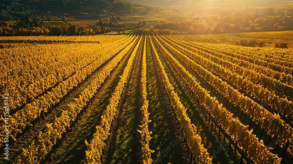 Poster aerial view of golden vineyards in autumn light showcasing lush rows of grapevines and peaceful coun
