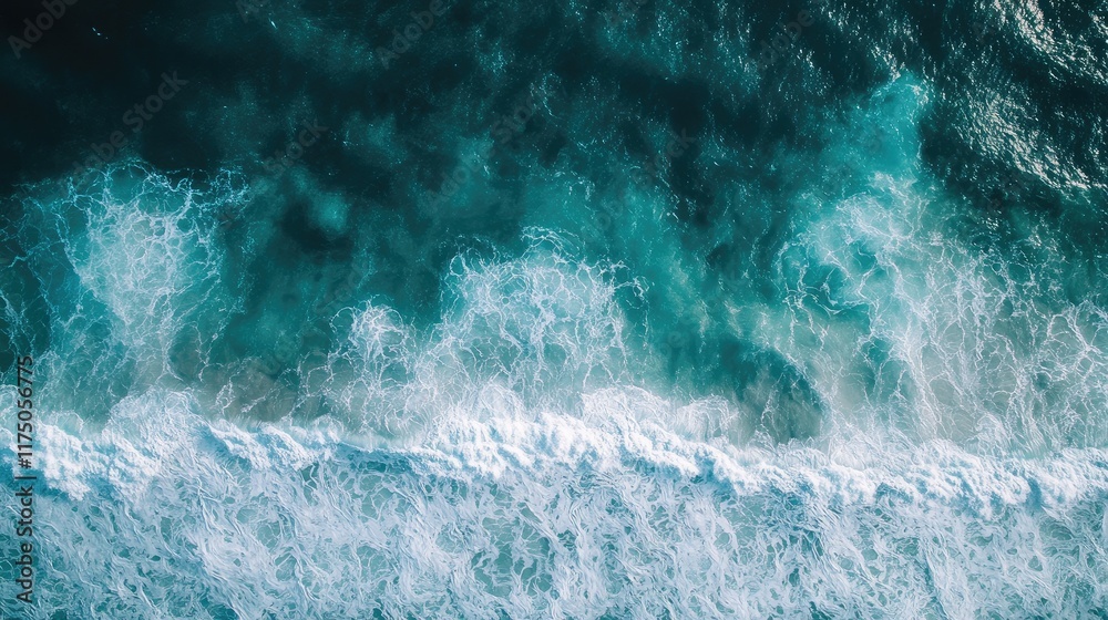 Poster aerial view of turquoise ocean waves breaking on a sandy shore with ample empty space for overlaying