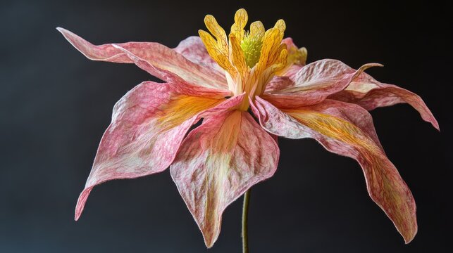 Vibrant pink and yellow columbine flower in full bloom showcasing intricate petal details against a dark background
