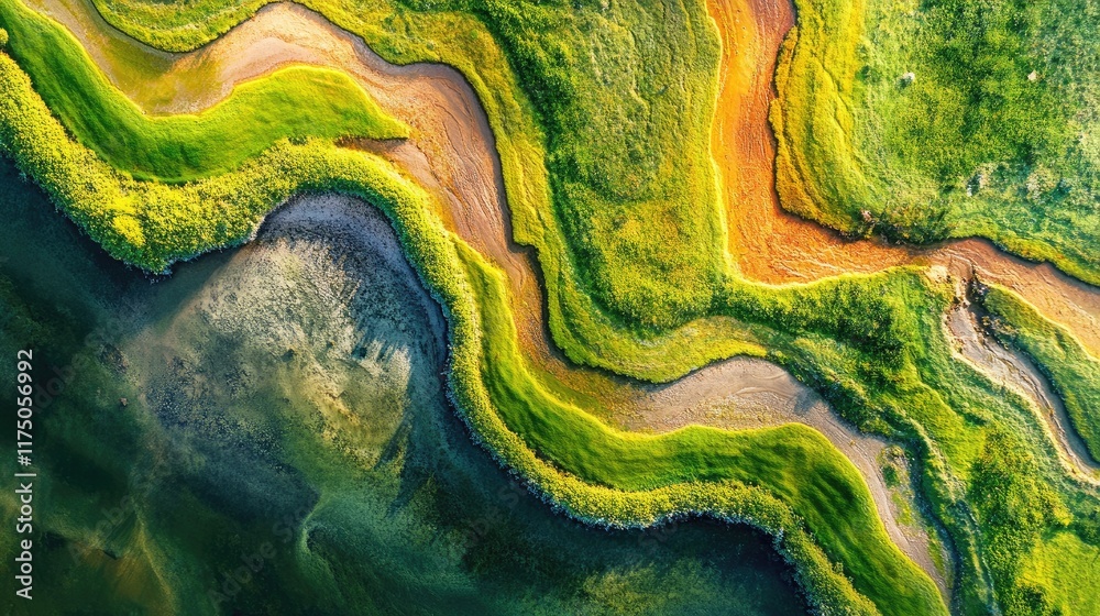 Poster aerial view of vibrant abstract patterns in nature showcasing organic shapes and rich colors in wetl