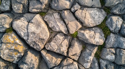 Fototapeta premium Aerial view showcasing the intricate patterns and textures of weathered rocks with patches of greenery in natural lighting.