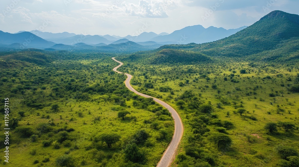 Poster aerial view of winding road through lush green landscape with mountains ideal for empty text placeme