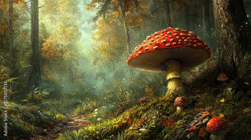 Poster amanita muscaria in a vibrant forest setting showcasing its distinctive red cap and white spots surr
