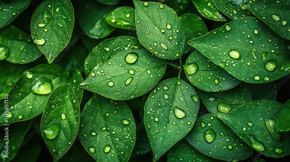 Poster aerial view of fresh green leaves with dew drops and natural texture for text overlay and design ins