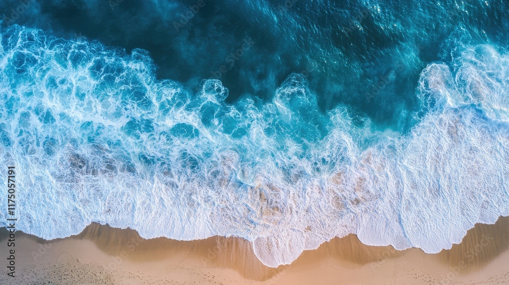 Poster Aerial view of ocean waves crashing on sandy beach with empty space for text or design elements
