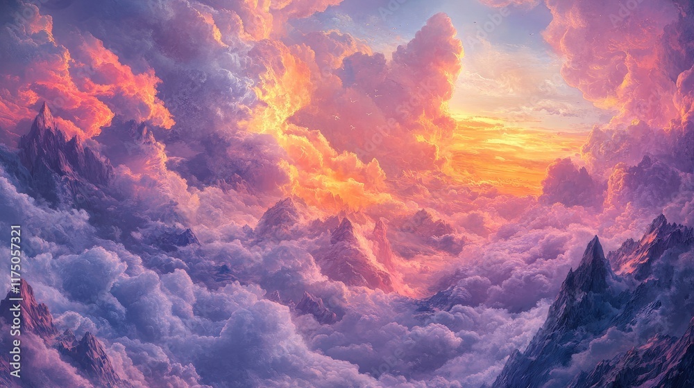 Poster majestic sunset over a mountain landscape adorned with vibrant and fluffy clouds creating a breathta