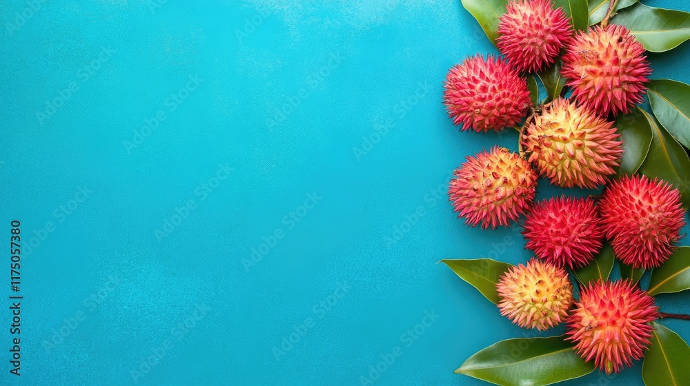 Poster aerial view of rambutan fruits on vibrant teal background with space for text and design elements