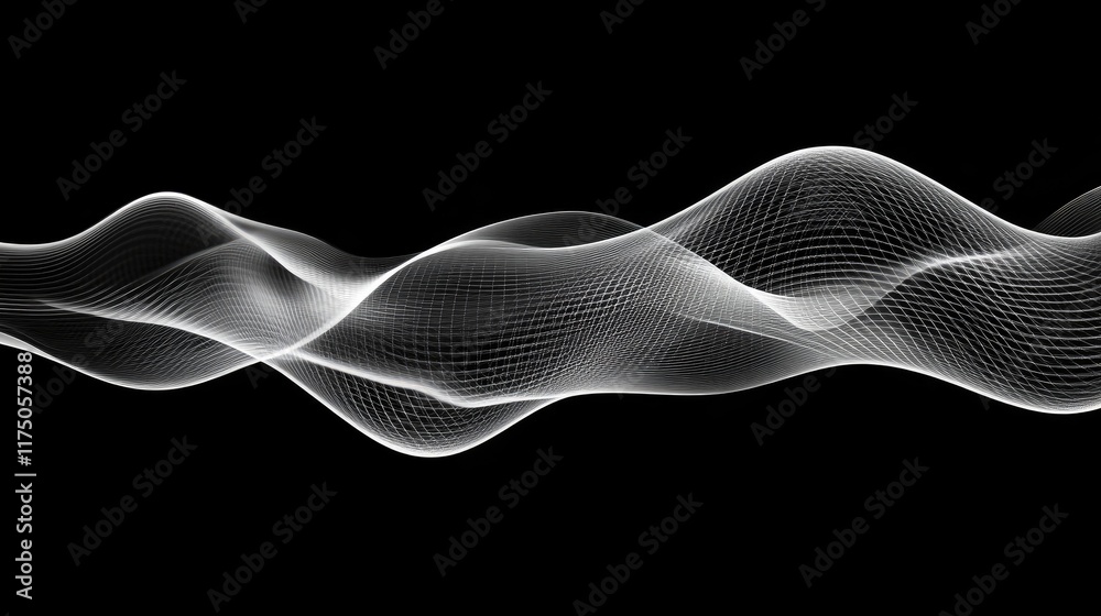 Poster fluid abstract waveforms in dynamic black background with smooth curved lines and modern distortion 