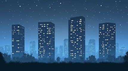 Nocturnal cityscape with four prominent skyscrapers under a starry, misty night sky
