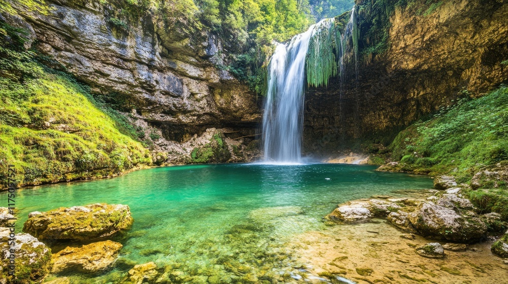 Poster Serene waterfall cascading into emerald green pool surrounded by lush greenery and rocky terrain in a tranquil natural setting