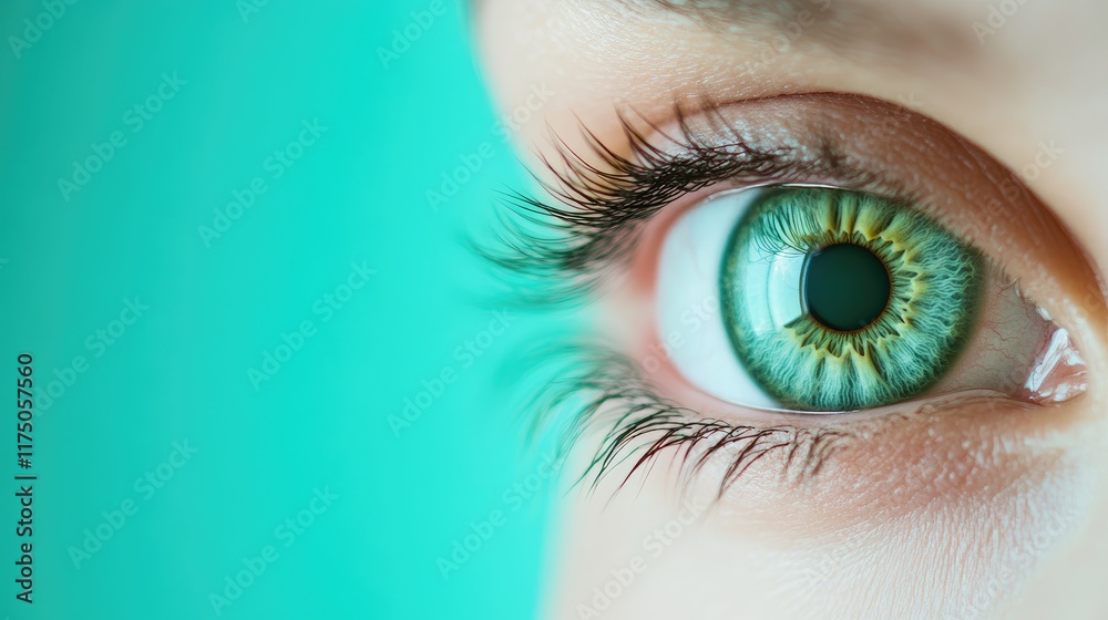 Aufkleber Aerial view of a striking green human eye with ample space for text placement and vibrant background for creative design projects