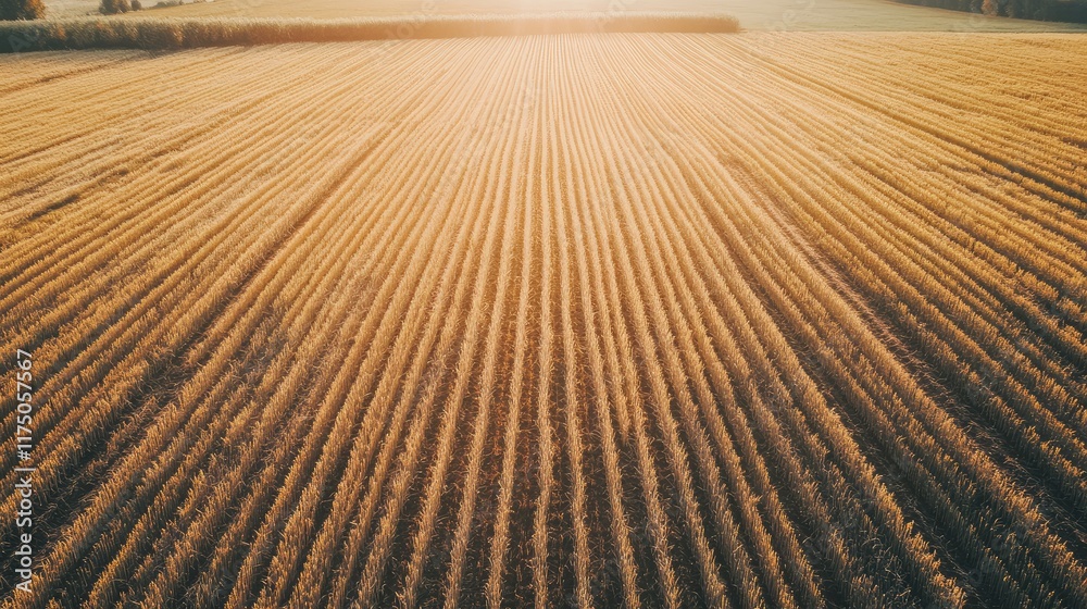 Poster Aerial view of golden wheat fields at sunset highlighting patterns and textures with ample space for text and branding applications