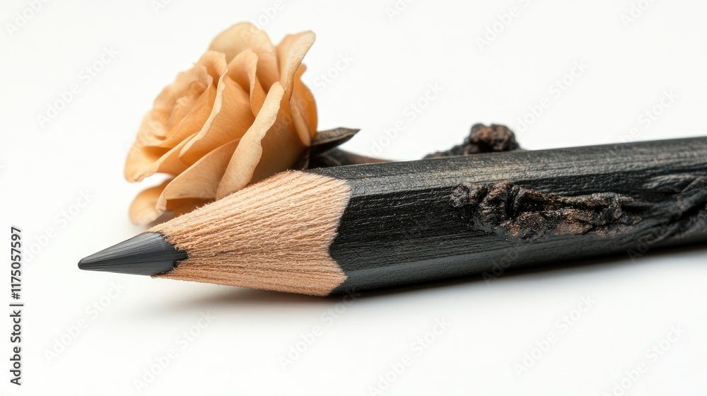 Poster artistic close-up of a unique pencil with a rose on a white background showcasing creativity and ele