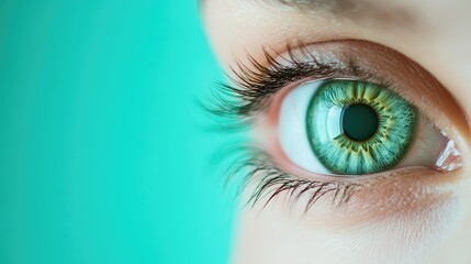 Aerial view of a striking green human eye with ample space for text placement and vibrant background for creative design projects