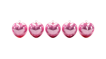 Five Pink Shiny Hearts on Black Background, Romantic Design, studio view, isolated on transparent background.