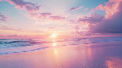 Fototapeta premium Serene beach sunset with vibrant colors reflecting on calm ocean waves and dramatic clouds on the horizon