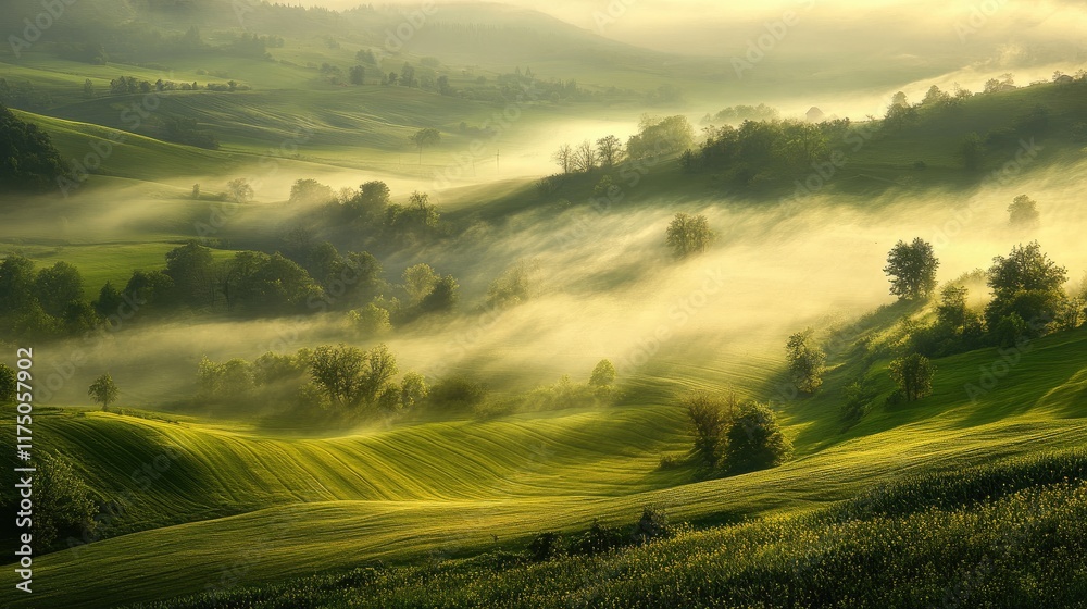 Aufkleber dense white fog enveloping a lush green valley at dawn creating a serene and tranquil landscape scene with rolling hills and trees