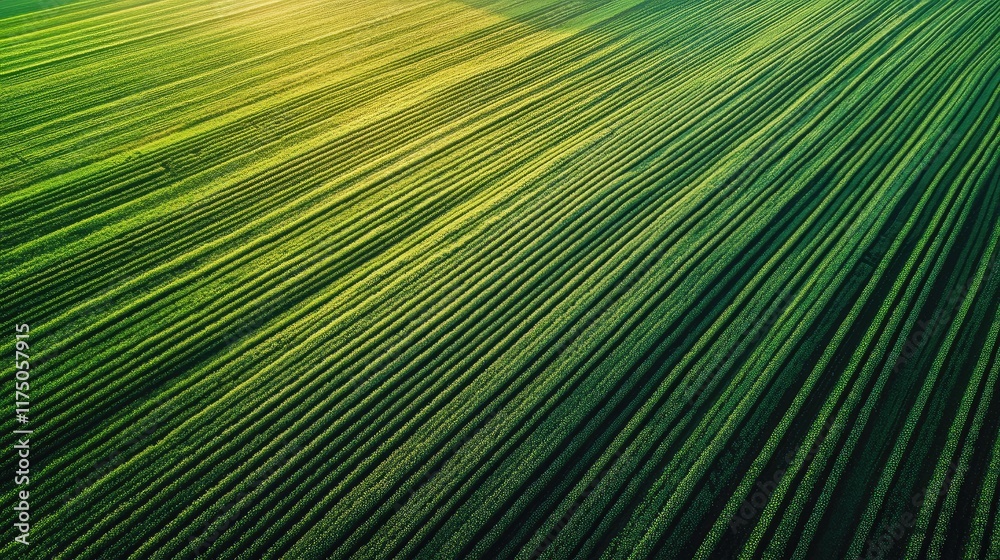Aufkleber Aerial view of lush green farmland in spring showcasing organized rows with ample space for text and branding integration