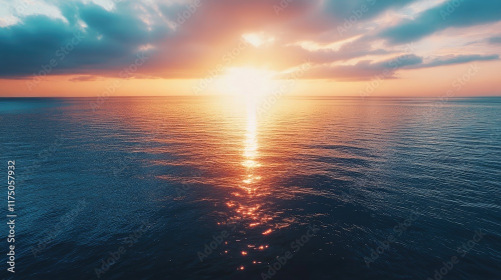 Poster Aerial view of serene ocean at sunset with soft clouds reflecting light and clear space for text or branding placement
