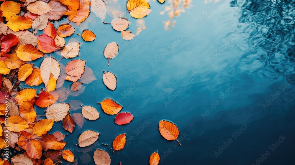 Aufkleber Aerial view of colorful autumn leaves on serene lake water with clear reflection and ample space for text or design elements