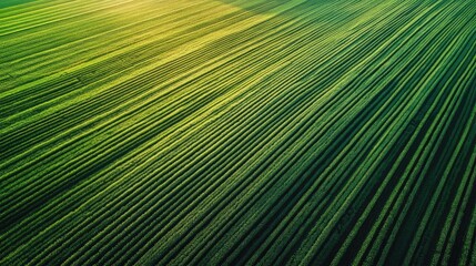 Obraz premium Aerial view of lush green farmland in spring showcasing organized rows with ample space for text and branding integration