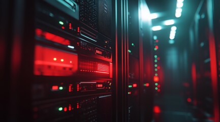 Close up of a server rack in a modern data center for virtual reality technology background