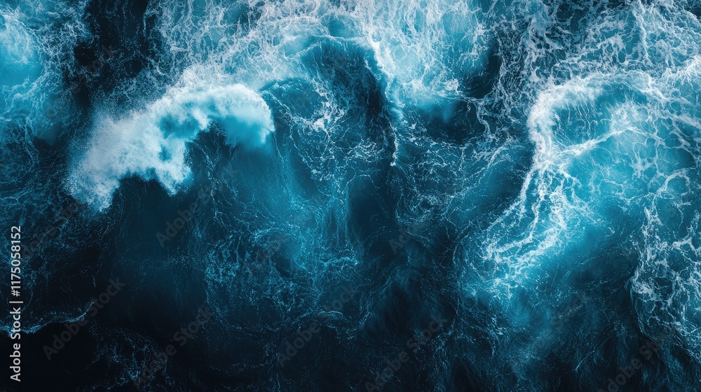 Poster Aerial View of Deep Blue Ocean Waves with Turquoise Highlights and Dynamic Water Patterns