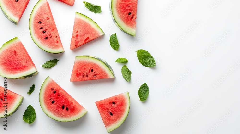 Poster aerial view of fresh watermelon slices and mint leaves with negative space for text on bright white 