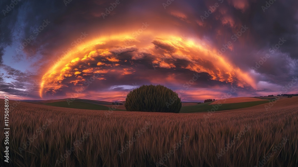 Aufkleber vibrant sunset and clouds casting dramatic colors over serene wheat field with trees in idyllic rura
