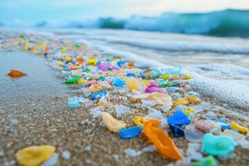 Colorful plastic fragments and microplastics scattered on a sandy beach near ocean waves under a blue sky. Copy space