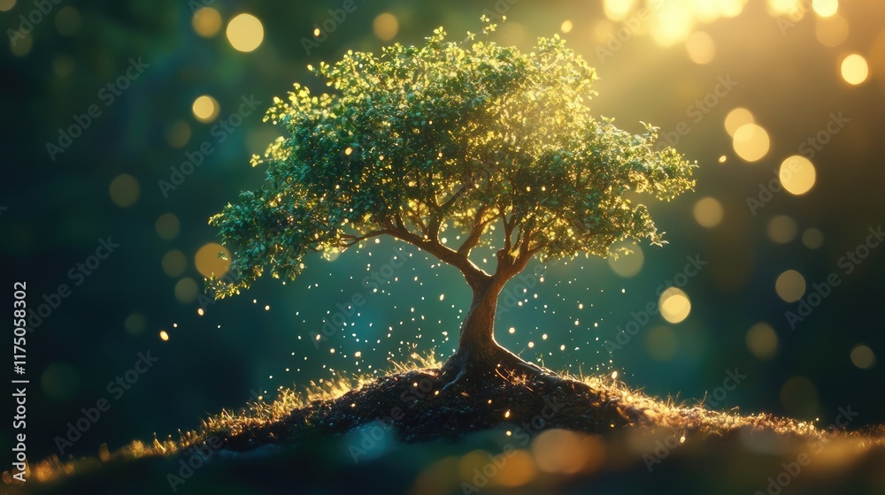 Poster Enchanting bokeh background featuring a vibrant tree illuminated by warm sunlight creating a magical atmosphere in nature