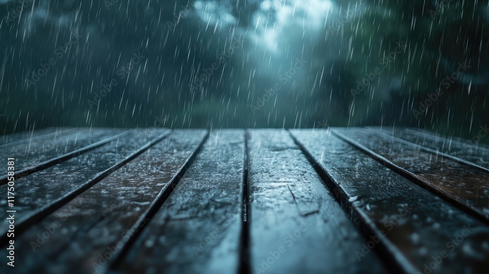 Aufkleber rain-soaked wooden table with a blurred background creating a tranquil atmosphere perfect for season