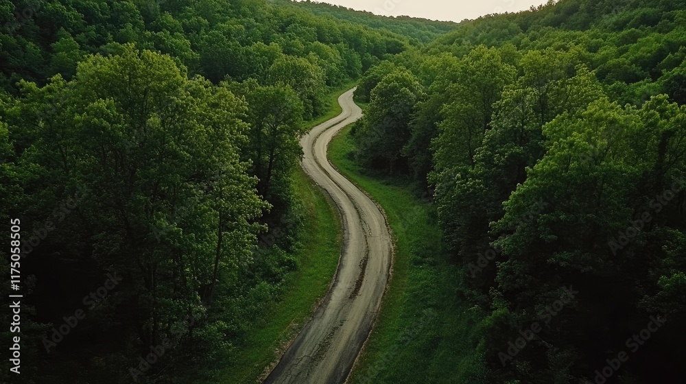 Poster Aerial view of a winding road through a lush green forest with ample empty space for text placement in a serene natural landscape.