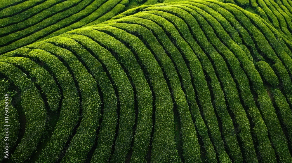 Poster aerial view of lush green tea plantations showcasing dynamic rows and expansive space for text or gr