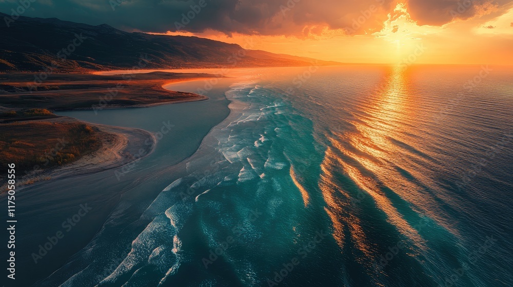 Aufkleber stunning aerial view of a tranquil lake coast at sunset with vibrant colors reflecting on the water 