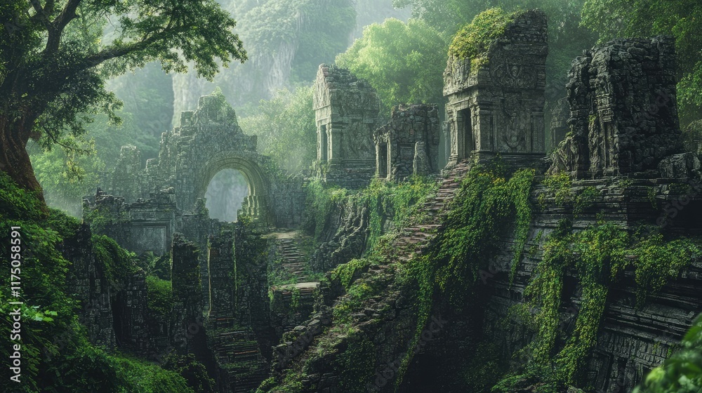 Poster ancient temple ruins engulfed by lush rainforest greenery creating an enchanting and mysterious atmo