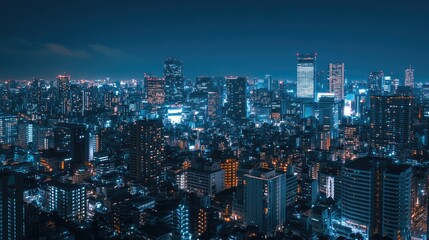 Obraz premium Aerial view of illuminated city skyline at night with clear space for text and graphics ideal for urban design and advertisement purposes