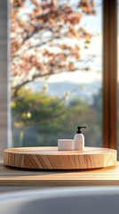 Minimalist bathroom decor with wooden tray and white cosmetic dispenser against blurred autumn window view, creating serene spa-like atmosphere at home setting.
