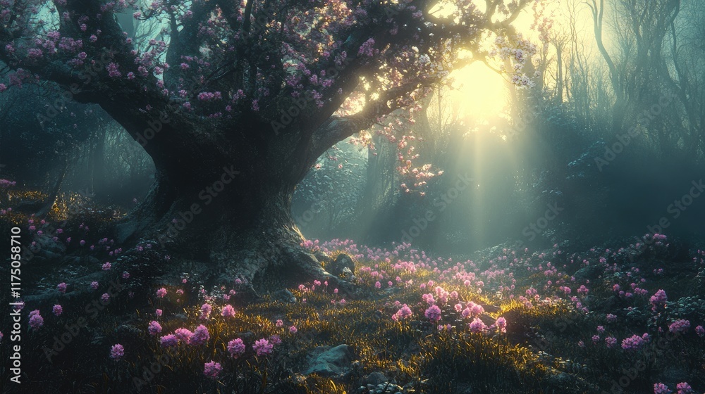 Poster enchanting ancient tree surrounded by blooming flowers in a mystical forest illuminated by soft sunl