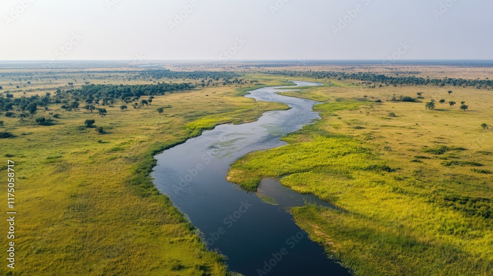 Poster Aerial view of pristine landscape featuring a winding river amidst lush greenery and open fields in natural serene environment