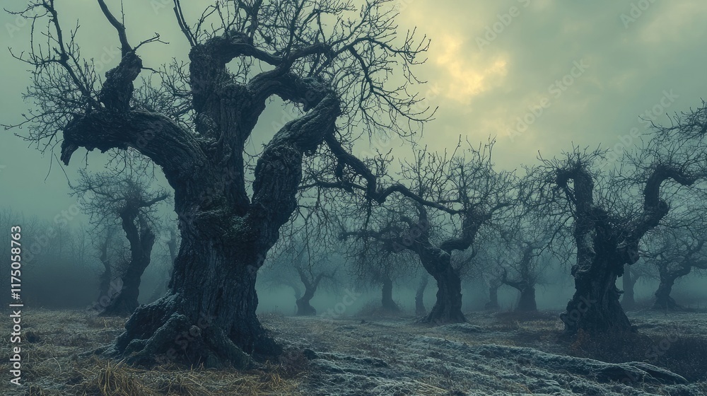 Poster mystical old orchard trees in foggy landscape with dramatic lighting and gnarled branches creating a
