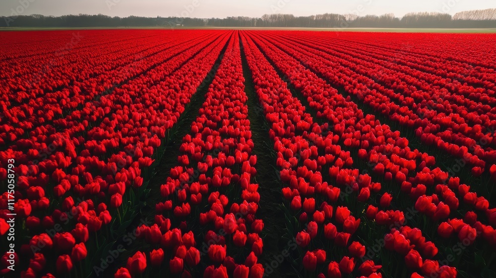 Poster Aerial view of bright red tulip fields in full bloom with expansive space for text or advertising placement