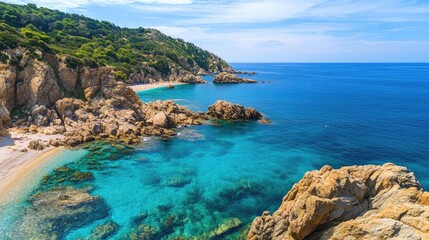 Fototapeta premium Aerial Perspective of Pristine Tropical Beach and Rugged Rocky Coastline with Vibrant Blue Ocean Waters