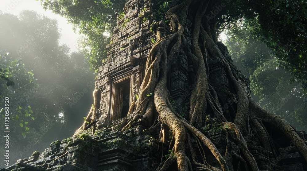 Poster Ancient Jungle Temple Surrounded by Intricate Tree Roots in Lush Greenery with Soft Sunlight filtering through the Canopy