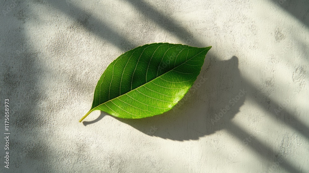 Poster Leaf silhouette casting shadows on textured concrete wall with sunlight filtering through, creating an abstract natural background design.